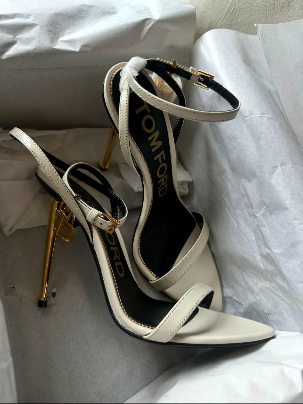 Tom Ford White Leather Sandals with Gold Stiletto Heel